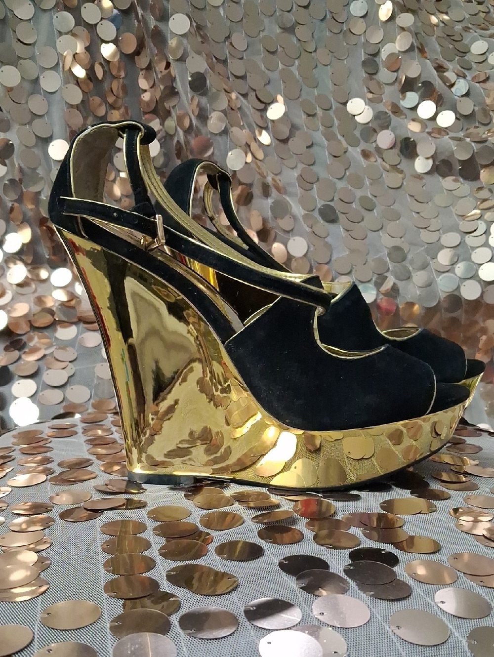 Michael Kors Black Suede and Gold Wedge Sandals